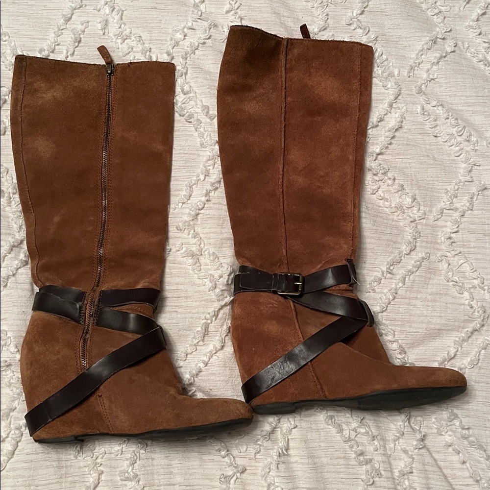 Franko Sarto Brown Suede Knee-High Wedge Boots with dark brown Straps